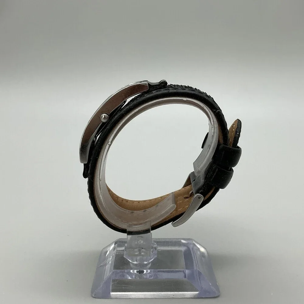 Guess Womens Watch 20mm Silver Tone Black Leather Gem Logo Cuff New Battery